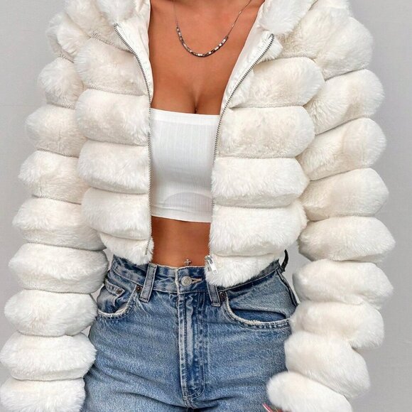 Casual Women's Fluffy faux fur Hooded Cropped Jacket - Picture 7 of 7
